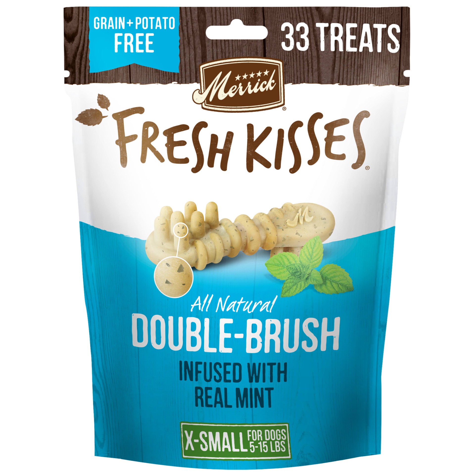 slide 1 of 6, Merrick Fresh Kisses Double-Brush Dental Dog Treats With Mint Breath Strips For Toy Breeds - 10 oz Bag with 33 Brushes, 10 oz