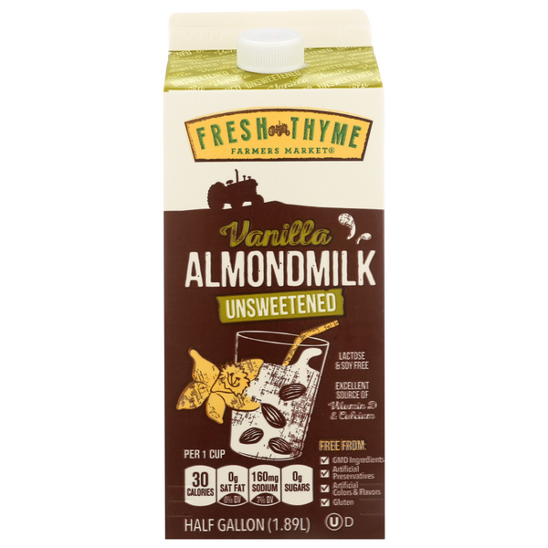 slide 1 of 1, Fresh Thyme Farmers Market Unsweetened Vanilla Almond Milk, 64 fl oz