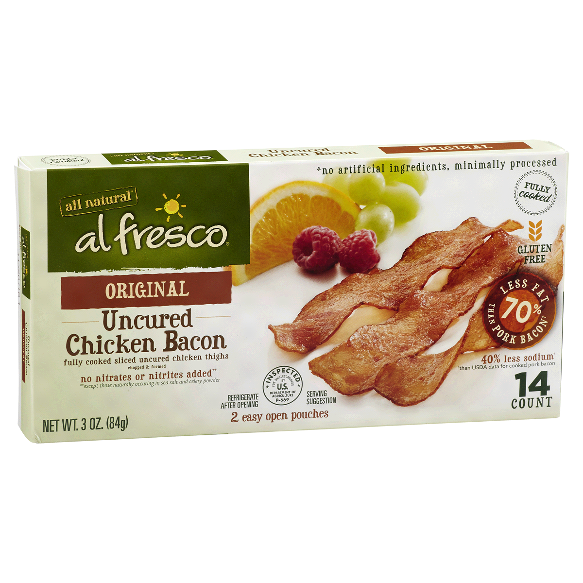 slide 2 of 4, Al Fresco Uncured Cooked Chicken Bacon, 3 oz