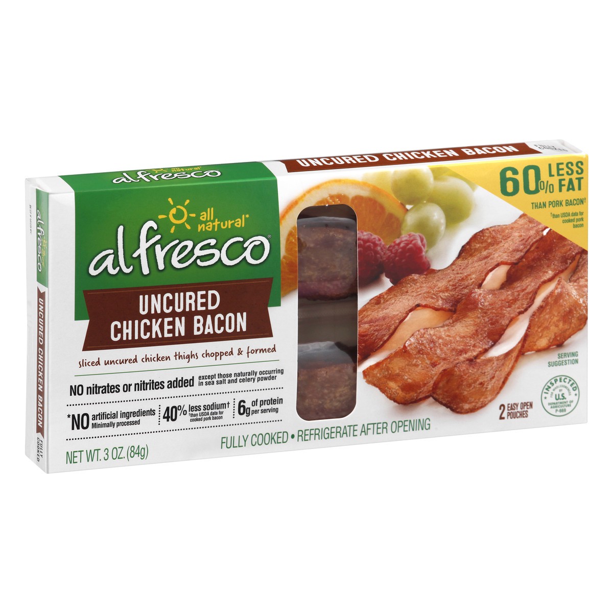 slide 3 of 9, Al Fresco Fully Cooked Uncured Chicken Bacon, 2 ct