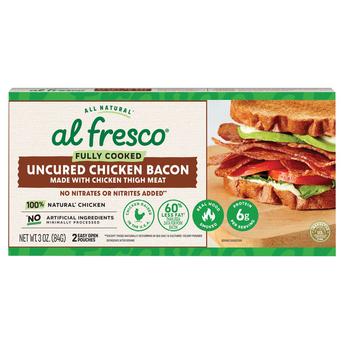 slide 1 of 9, Al Fresco Fully Cooked Uncured Chicken Bacon, 8oz, 2 ct