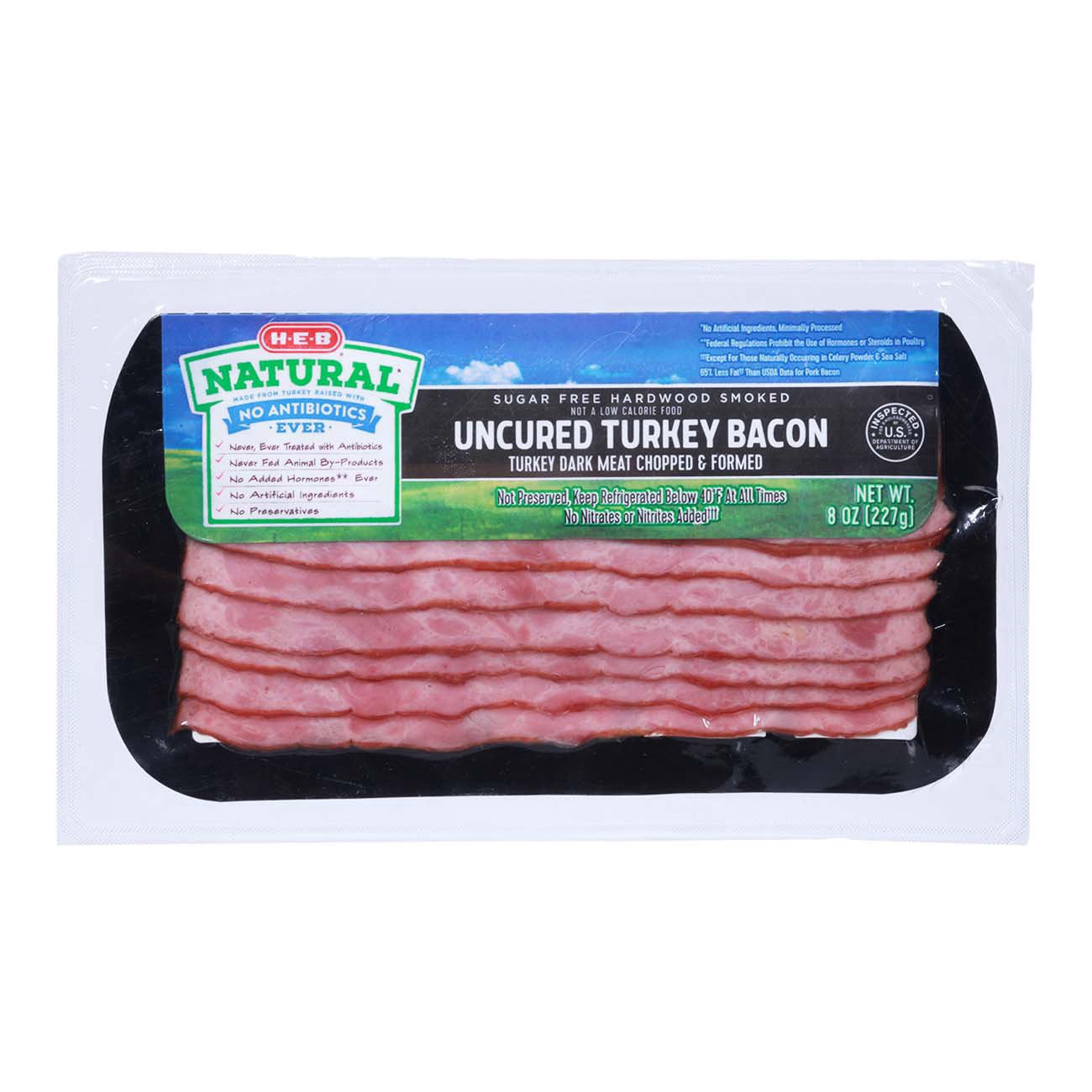 slide 1 of 1, H-E-B Natural Uncured Turkey Bacon, 8 oz