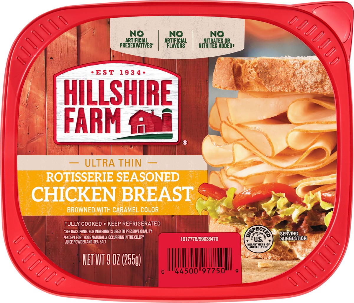 slide 1 of 10, Hillshire Farm Ultra Thin Sliced Rotisserie Seasoned Chicken Breast Sandwich Meat, 9 oz, 9 oz