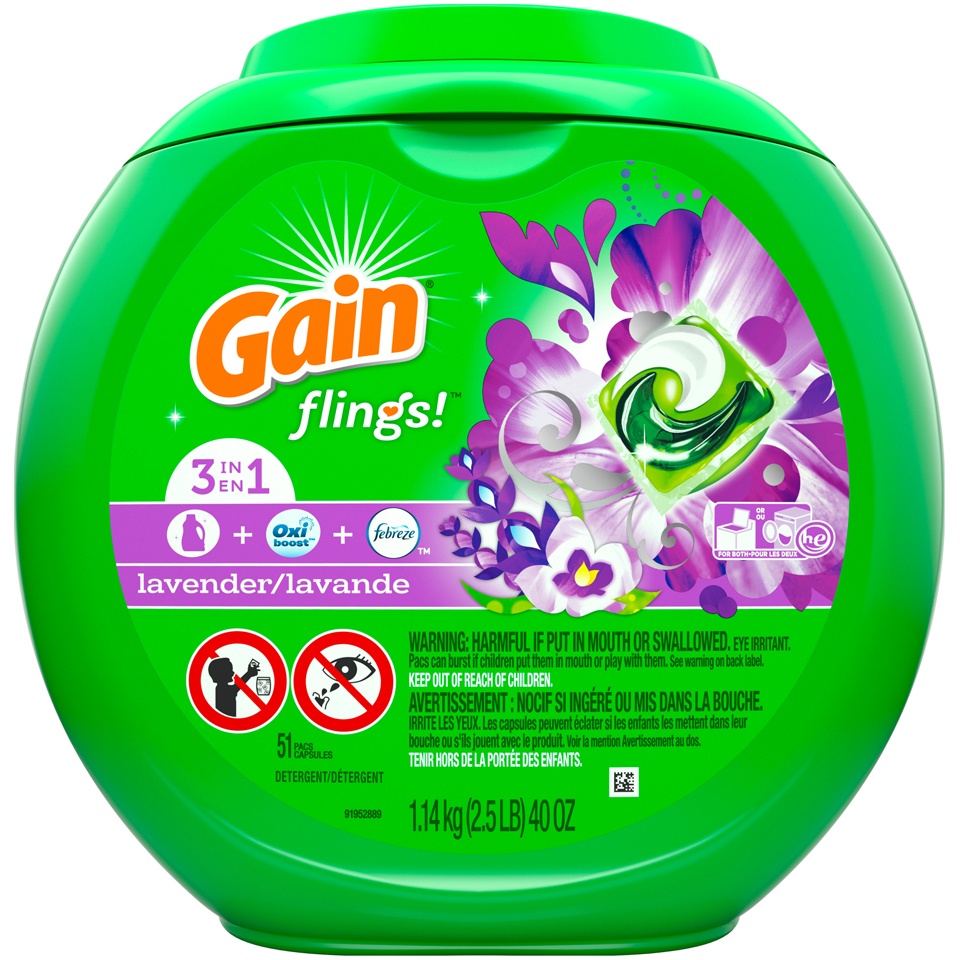 slide 1 of 1, Gain Flings! Liquid Laundry Detergent Pacs - Lavender, 51 ct