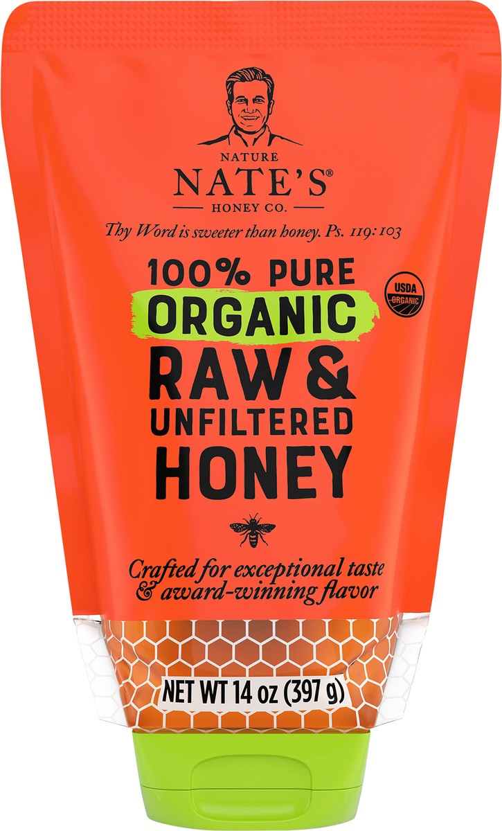 slide 10 of 10, Nature Nate's Organic 100% Pure Raw & Unfiltered Honey Squeeze Pouch, 14 oz