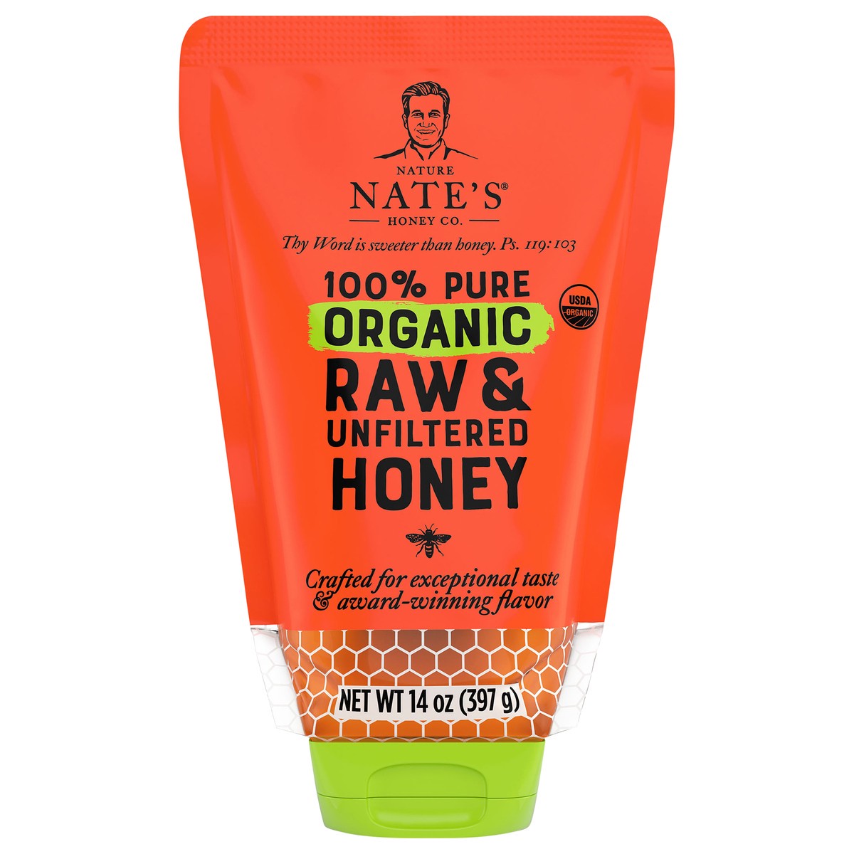slide 1 of 10, Nature Nate's Organic 100% Pure Raw & Unfiltered Honey Squeeze Pouch, 14 oz