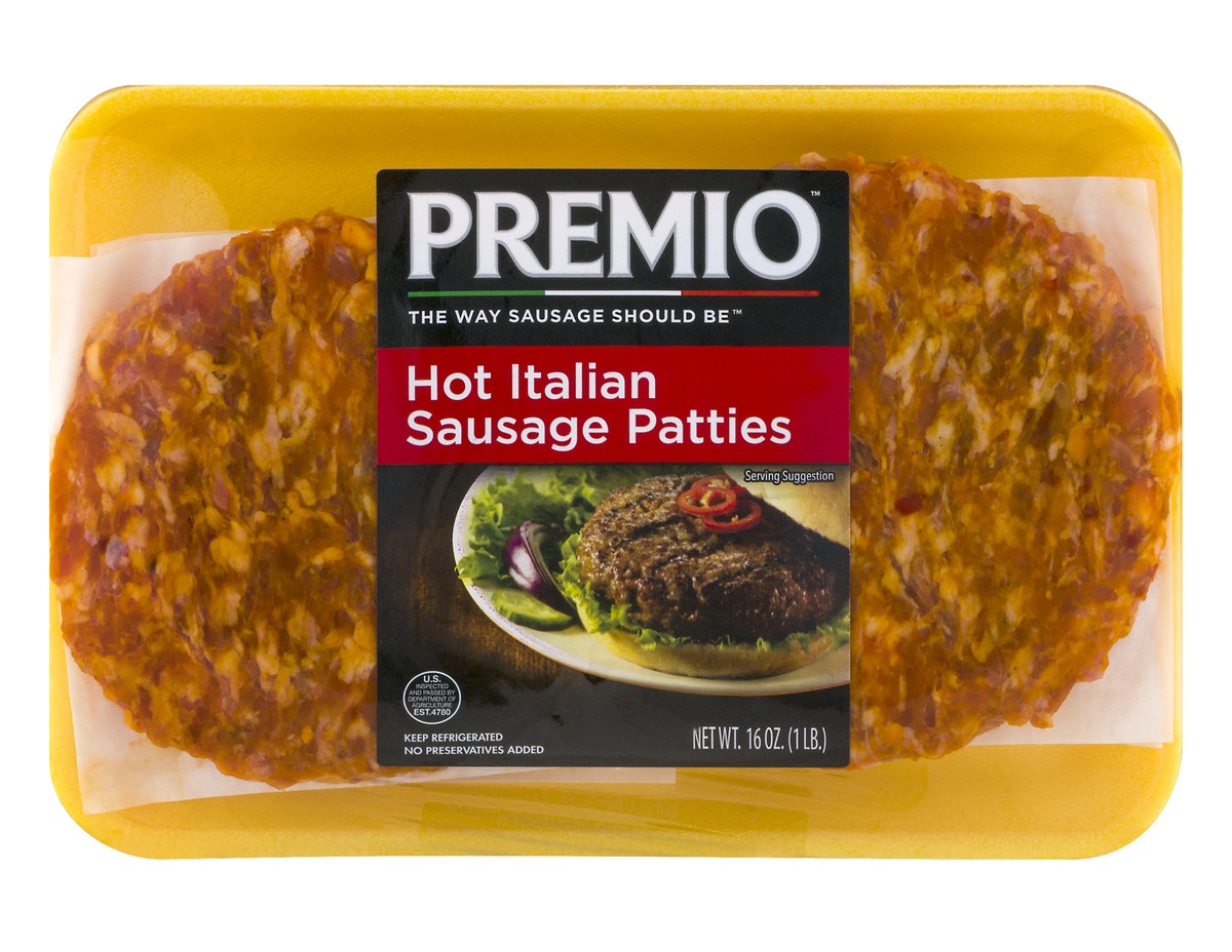 slide 1 of 1, Premio Hot Italian Sausage Patties, 16 oz