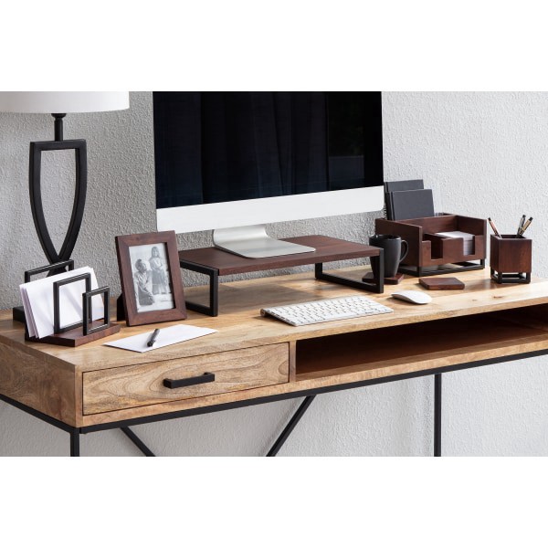 slide 2 of 6, Realspace® Acadia Wood/Metal Monitor Stand, 4-1/2""H x 21-1/2""W x 10""D, Walnut/Black, 1 ct