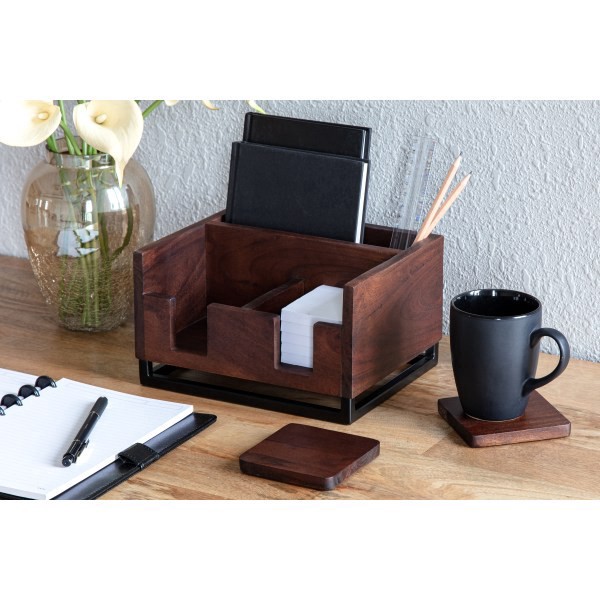 slide 3 of 7, Realspace® Acadia Wood/Metal Desktop Organizer With Coasters, 8-3/4"" x 7"", Walnut/Black, 1 ct