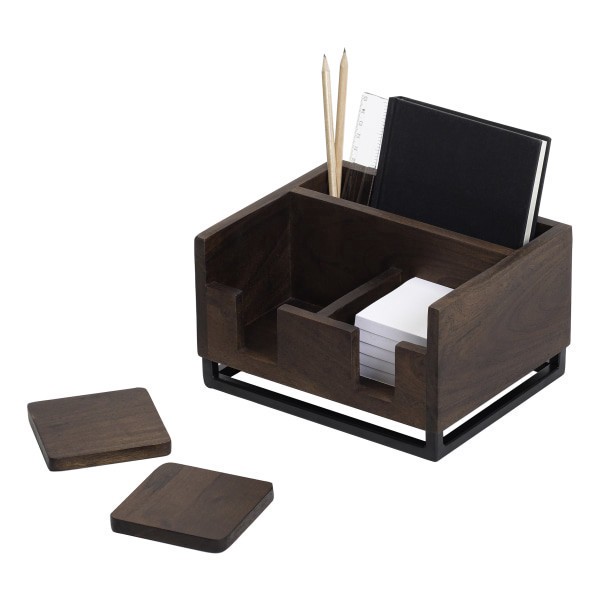 slide 5 of 7, Realspace® Acadia Wood/Metal Desktop Organizer With Coasters, 8-3/4"" x 7"", Walnut/Black, 1 ct