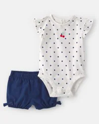 Baby Girl 2-Piece Cherry Polka Dots Short-Sleeve Bodysuit & Short Set - White/Blue NB