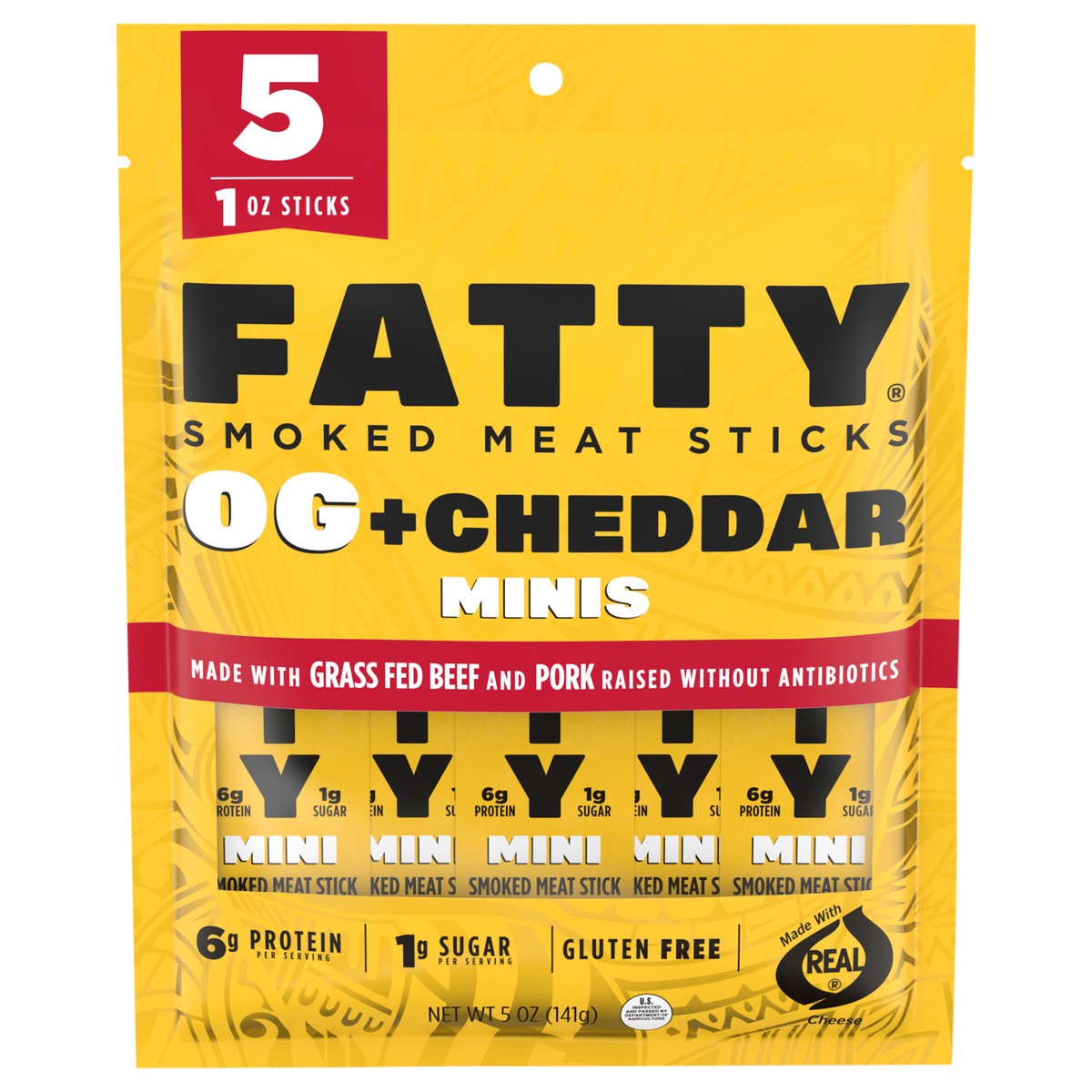 slide 1 of 15, Fatty OG Cheddar Smoked Meat Mini Sticks - 5 x 1 oz Sticks, 5 ct
