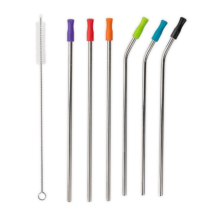 slide 1 of 1, Manna Organics Silicone-Tipped Stainless Steel Straws and Straw Brush Set, 7 ct