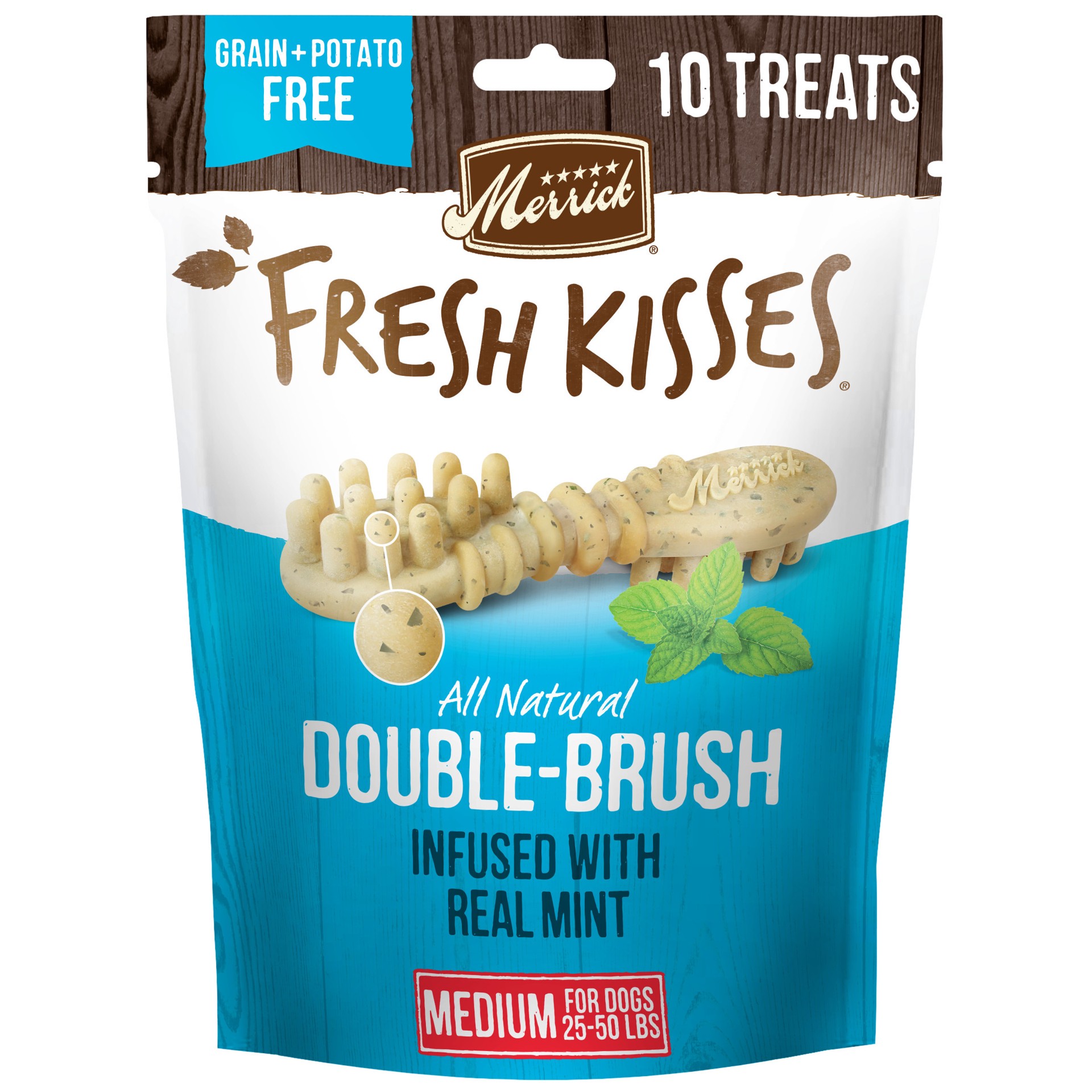 slide 1 of 6, Merrick Fresh Kisses Natural Dental Chews Toothbrush Shape Treat Infused With Real Mint Medium Dogs, 10 oz