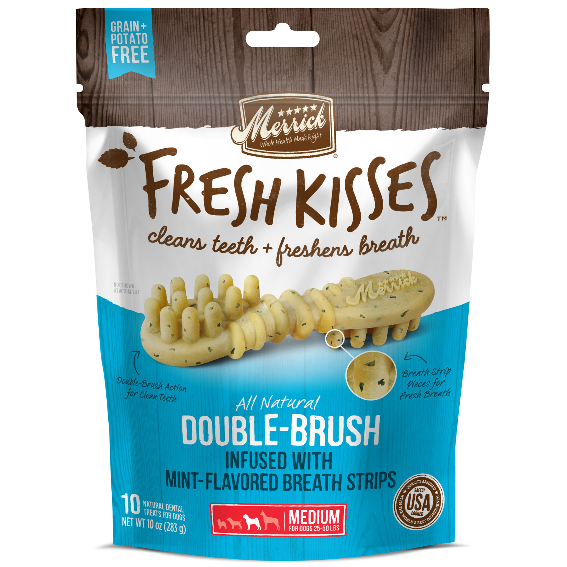 slide 1 of 6, Merrick Fresh Kisses Double-Brush Dental Dog Treats With Mint Breath Strips For Medium Dogs - 10 oz Bag with 10 Brushes, 10 oz