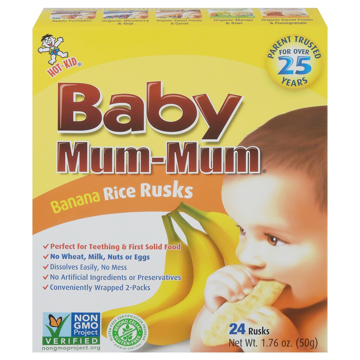 slide 1 of 6, Hot-Kid Baby Mum-Mum Rice Rusks, Banana, 1.76 oz