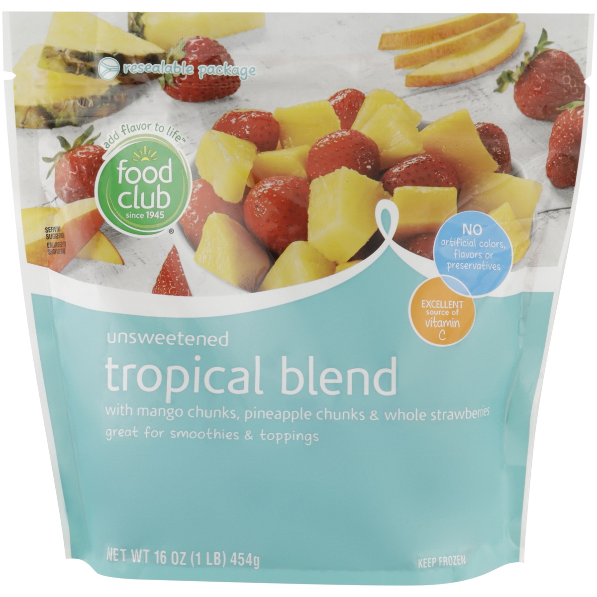 slide 1 of 1, Food Club Unsweetened Tropical Blend With Mango Chunks, Pineapple Chunks & Whole Strawberries, 16 oz