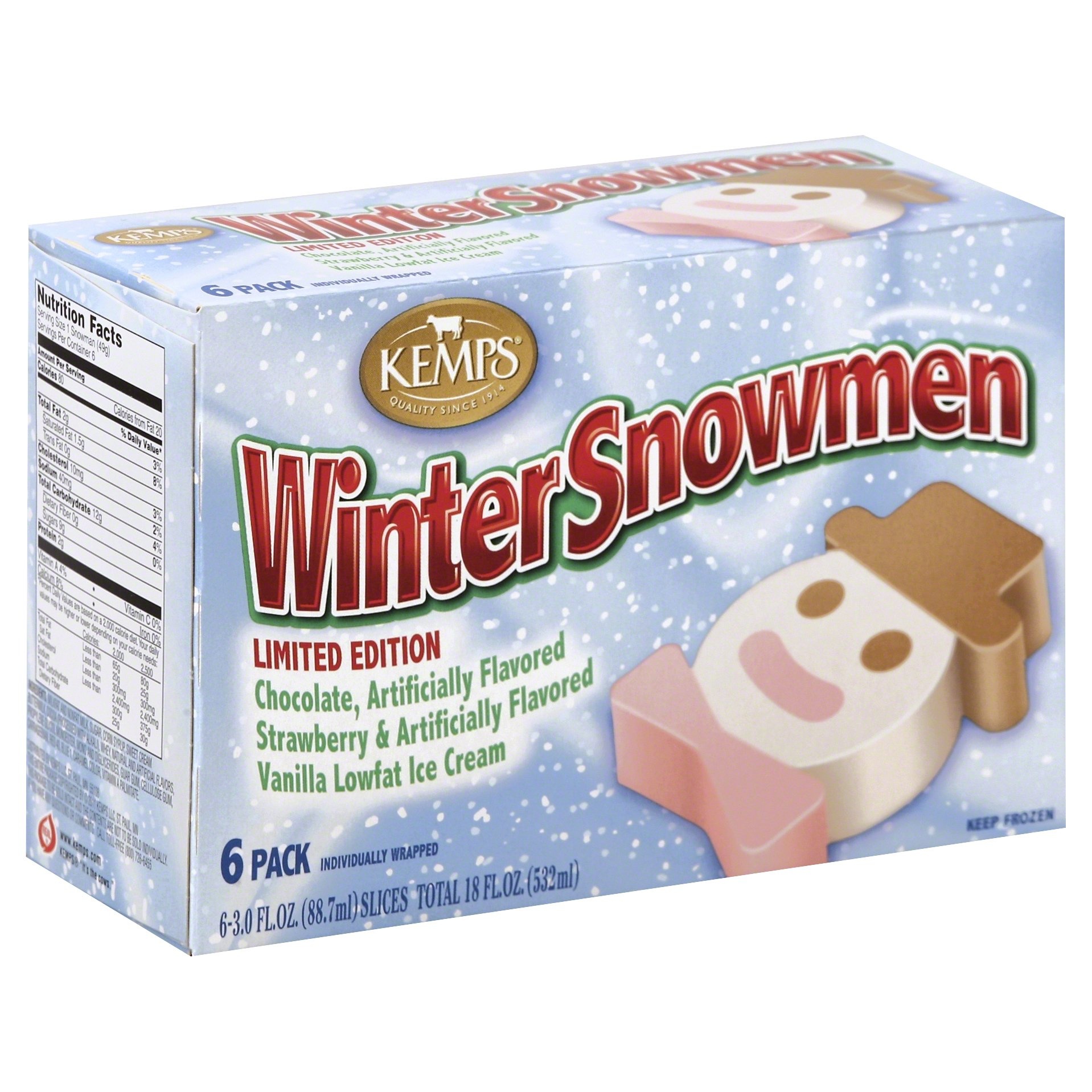 slide 1 of 8, Kemps Winter Snowmen Chocolate, Strawberry, Vanilla Lowfat Ice Cream Slices, 6 ct; 18 fl oz