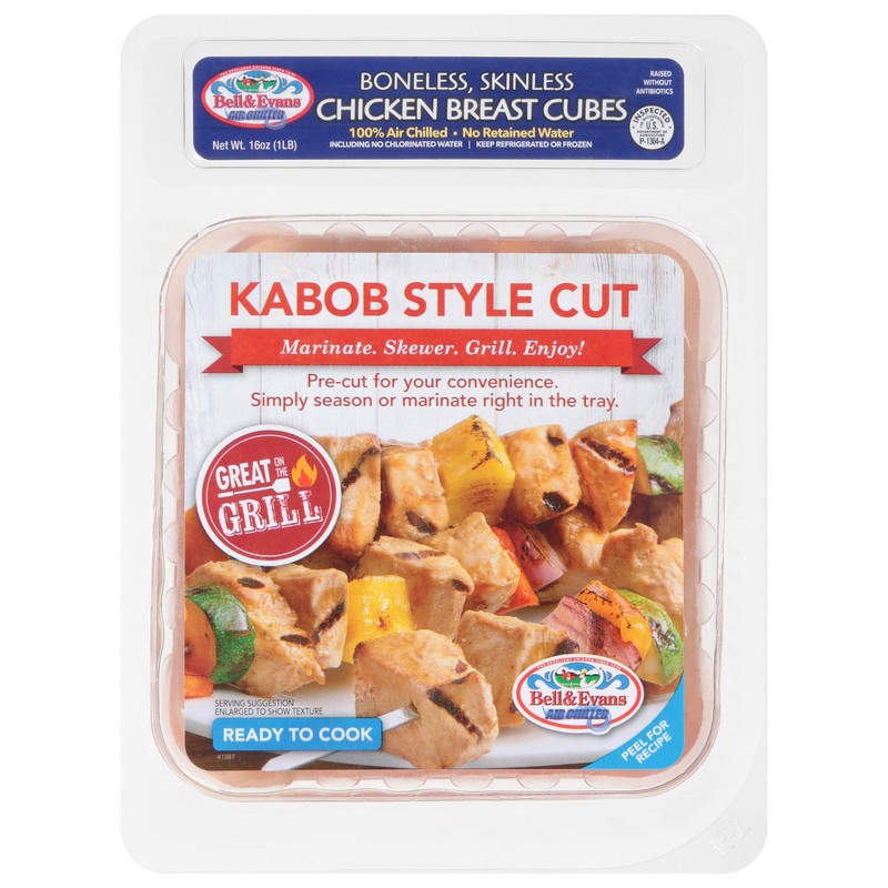 slide 1 of 1, Bell & Evans Boneless Skinless Kabob Breast Cubes, 16 oz