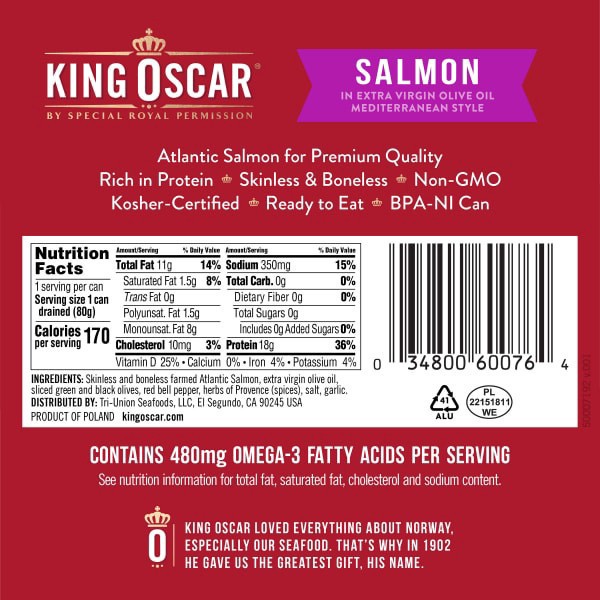 slide 9 of 13, King Oscar Skinless & Boneless Premium Salmon in Olive Oil, Mediterranean Style, 4.05 oz, 4.05 oz