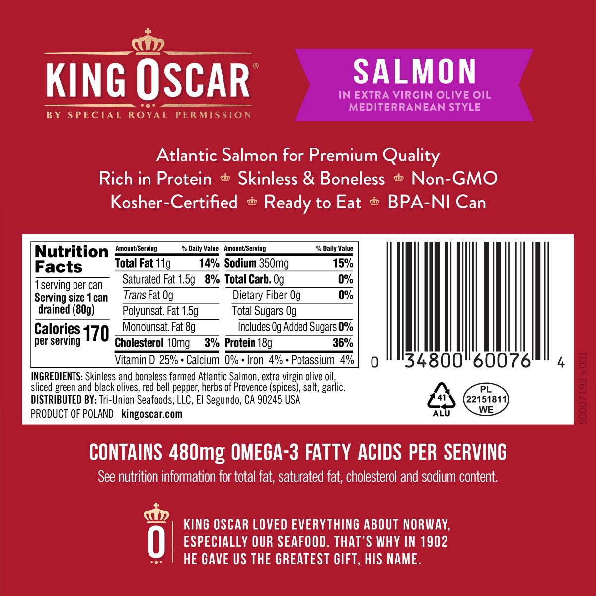 slide 3 of 13, King Oscar Skinless & Boneless Premium Salmon in Olive Oil, Mediterranean Style, 4.05 oz, 4.05 oz