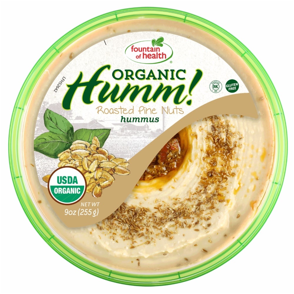 slide 1 of 1, Fountain of Health Organic Humm! Roasted Pine Nuts Hummus, 9 oz