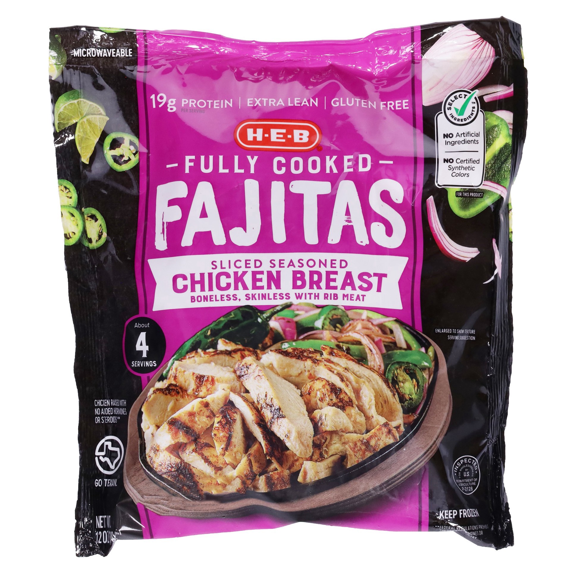 slide 1 of 1, H-E-B Fully Cooked Frozen Seasoned Chicken Breast Fajitas, 12 oz