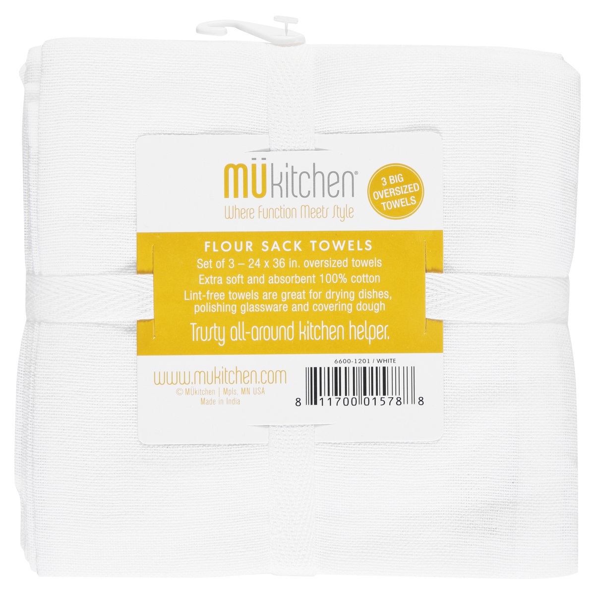 slide 1 of 1, MÜkitchen Flour White Sack Towels 3 ea, 3 ct