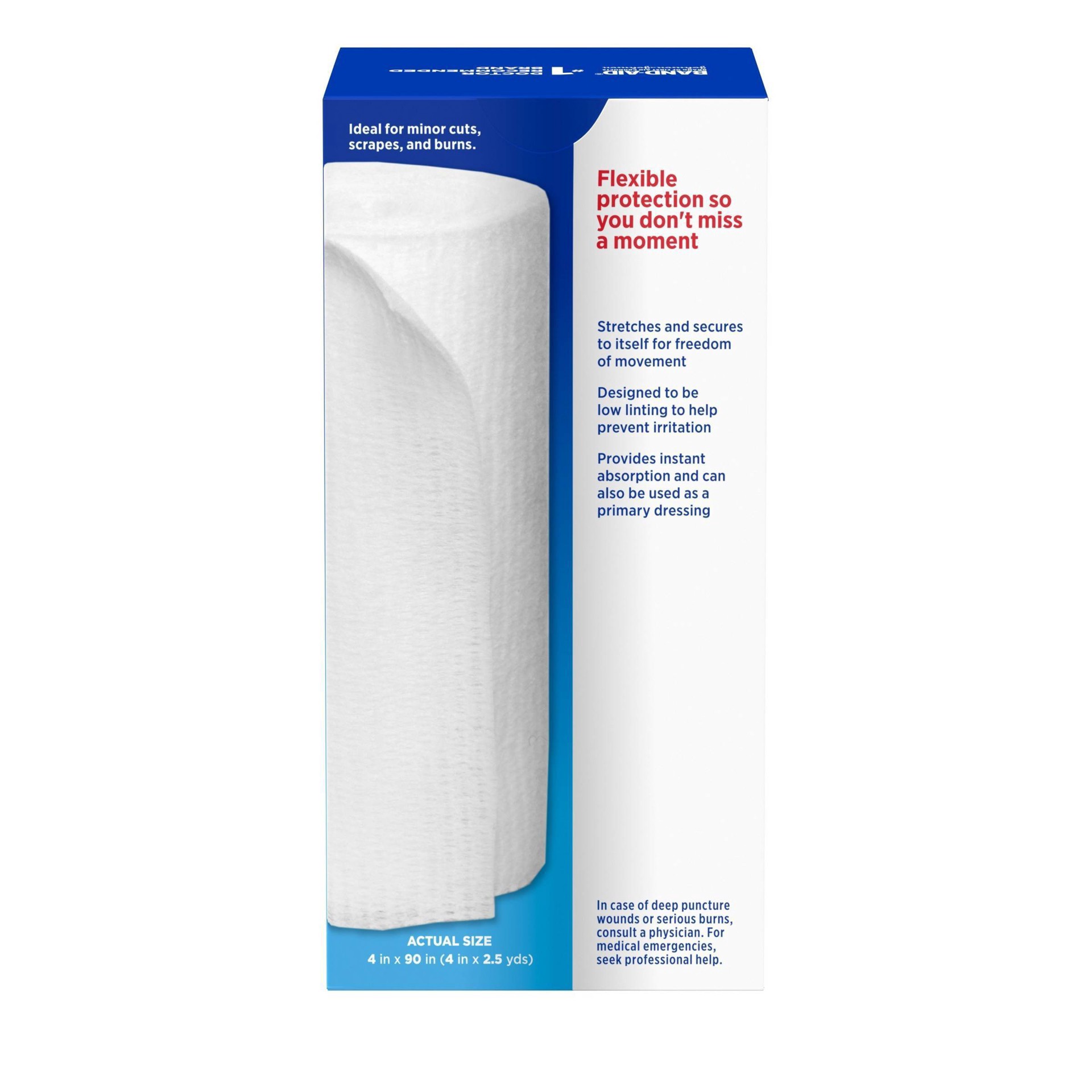 slide 2 of 15, BAND-AID Band Aid Brand of First Aid Products Flexible Rolled Gauze Dressing for Minor Wound Care, soft Padding and Instant Absorption, 4 Inches by 2.5 Yards, 1 ct