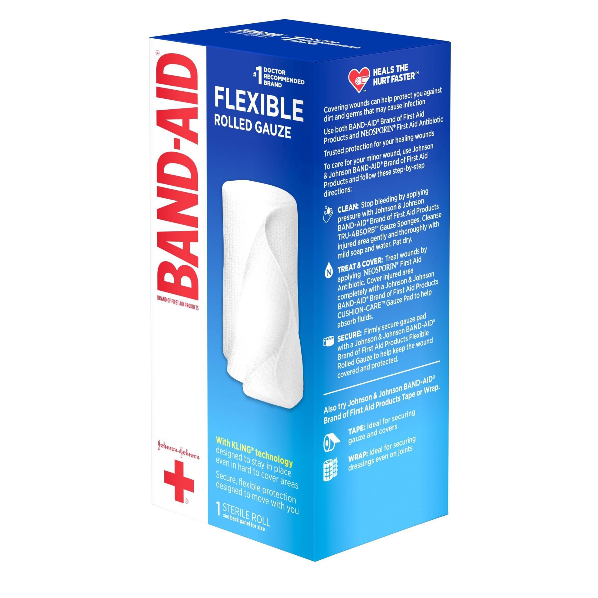 slide 7 of 15, BAND-AID Band Aid Brand of First Aid Products Flexible Rolled Gauze Dressing for Minor Wound Care, soft Padding and Instant Absorption, 4 Inches by 2.5 Yards, 1 ct