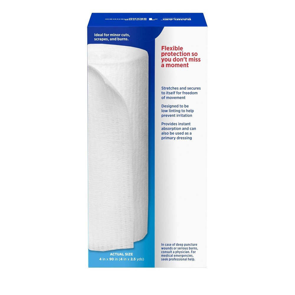slide 10 of 15, BAND-AID Band Aid Brand of First Aid Products Flexible Rolled Gauze Dressing for Minor Wound Care, soft Padding and Instant Absorption, 4 Inches by 2.5 Yards, 1 ct