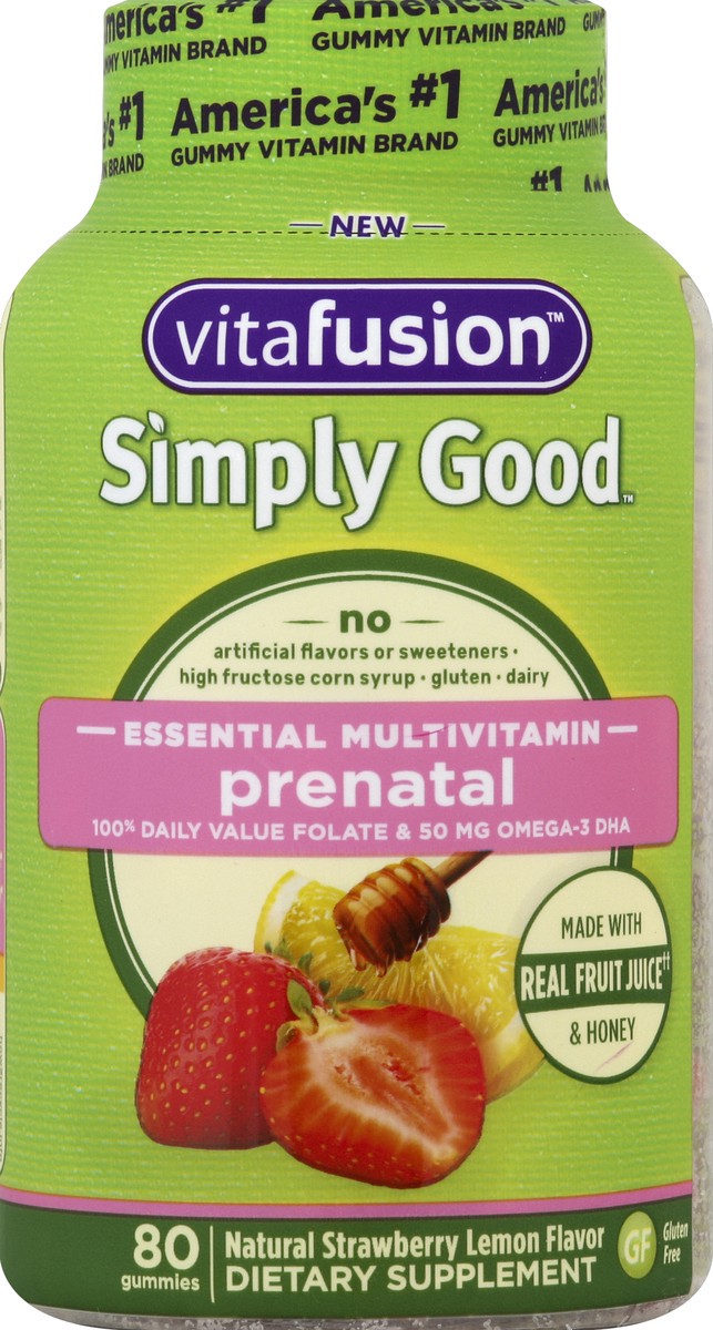 slide 5 of 6, vitafusion Simply Good Natural Strawberry Lemon Flavor Prenatal Gummie Mulltivitamins, 80 ct