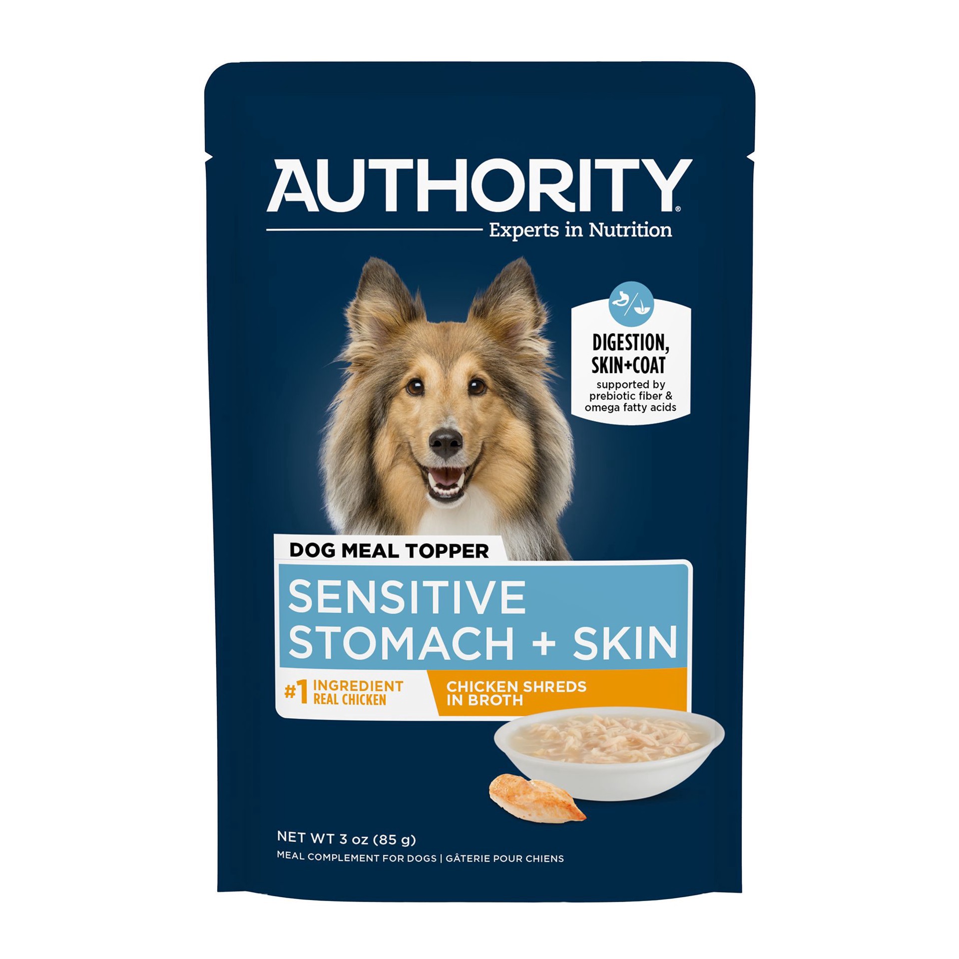 slide 1 of 1, Authority Sensitive Stomach & Skin Shreds In Broth Adult Dog Meal Topper - Chicken, 3 Oz, 3 oz