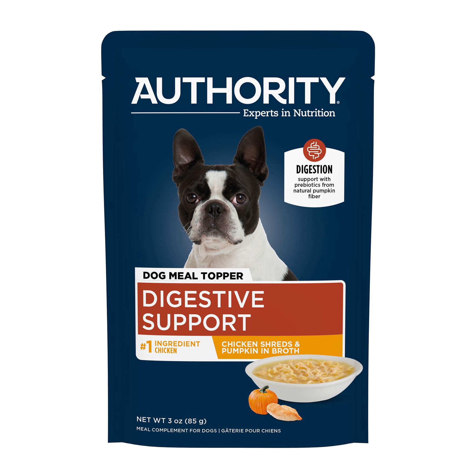 slide 1 of 1, Authority Digestive Support Shreds In Broth Adult Dog Meal Topper - Chicken & Pumpkin, 3 Oz, 3 oz