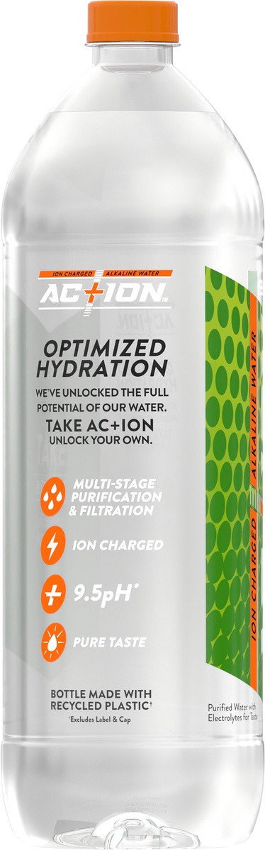 slide 3 of 7, Action AC+ION, Ion Charged Alkaline Water, 1 Liter, Water Bottle, 33.8 oz