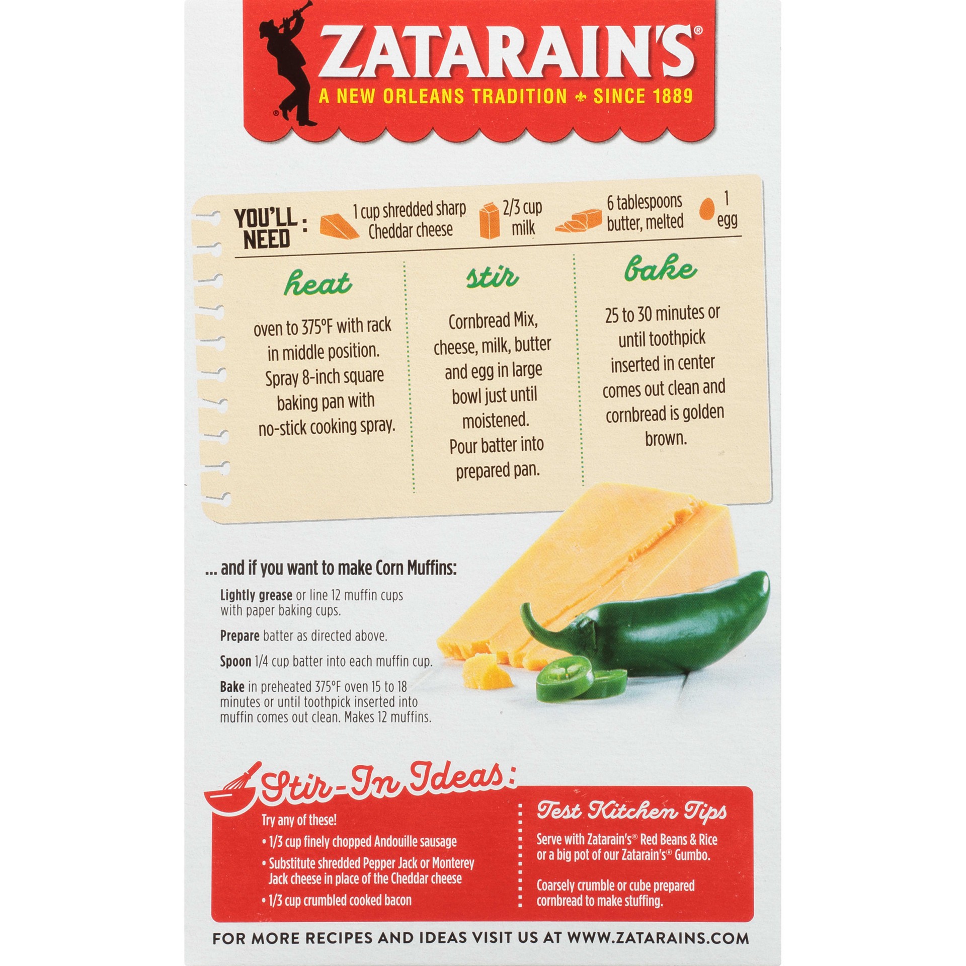 slide 5 of 5, Zatarain's Cheddar Jalapeno Cornbread Mix, 12.5 oz