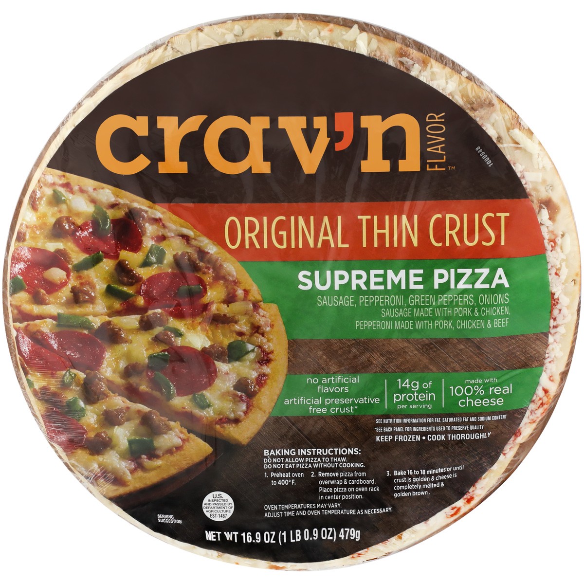 slide 1 of 9, Crav'n Flavor Crav'N Supreme Original Thin Crust Pizza, 16.9 oz