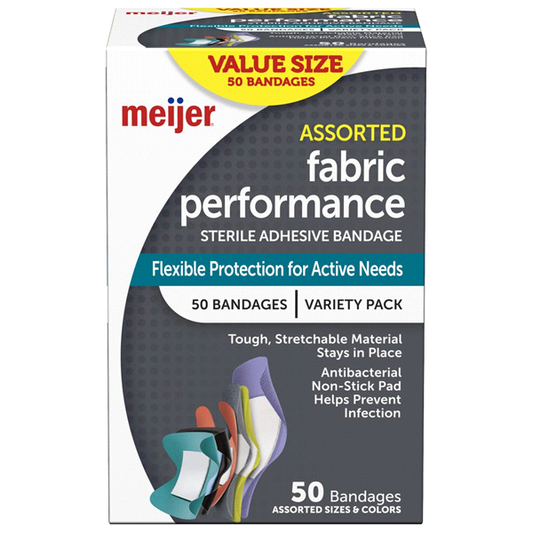 slide 1 of 5, Meijer Assorted Fabric Performance Adhesive Bandages Value Pack, 50 ct