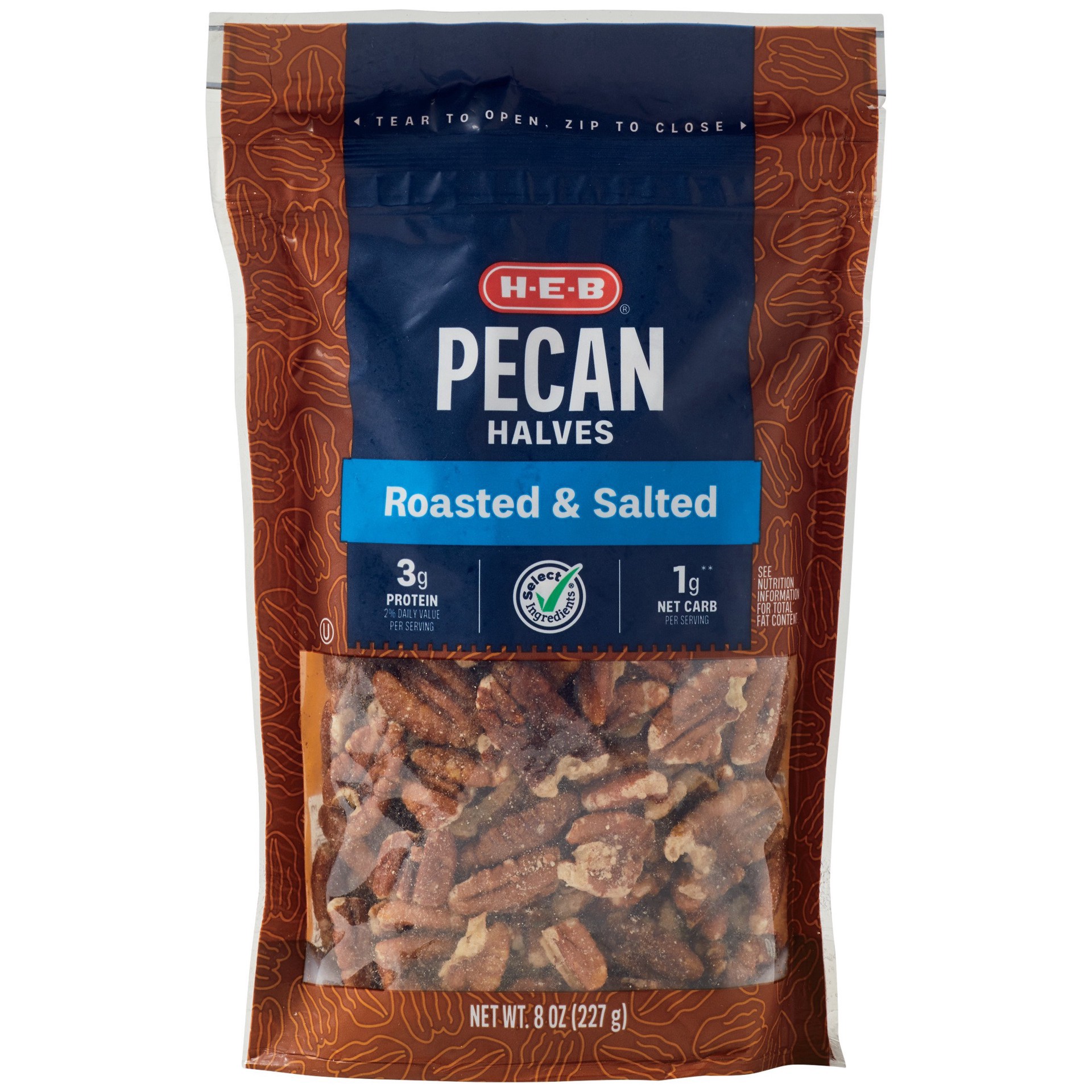 slide 1 of 1, H-E-B Salted Roasted Pecan Halves, 8 oz