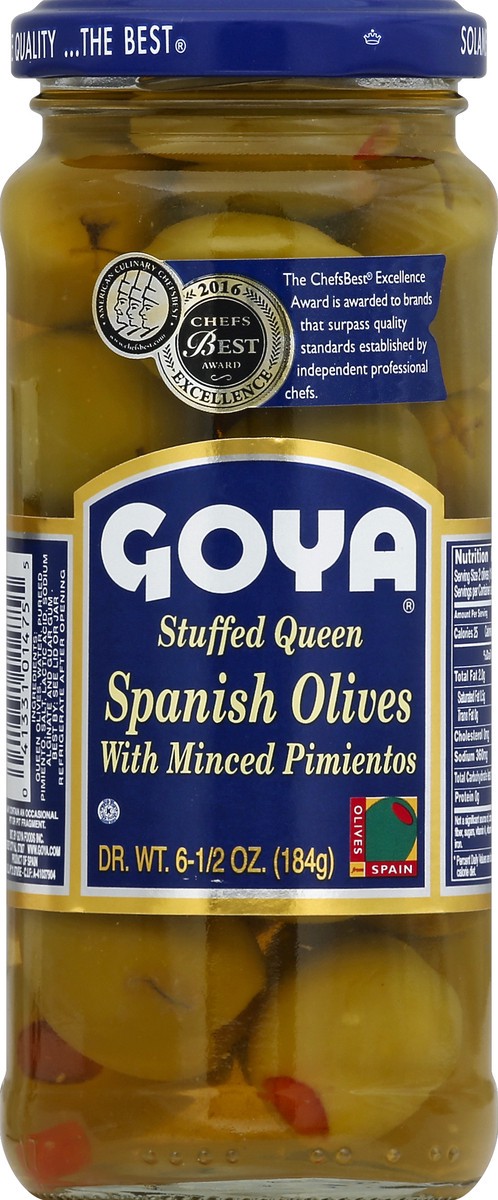 slide 1 of 3, Goya Stuffed Queen With Minced Pimientos Spanish Olives, 6.5 oz