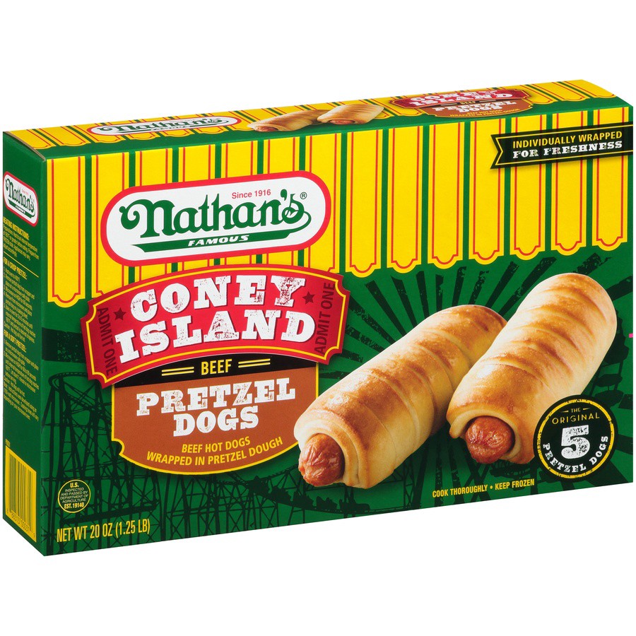 slide 2 of 8, Nathan's Famous Coney Island Beef Pretzel Hot Dogs, 20 oz