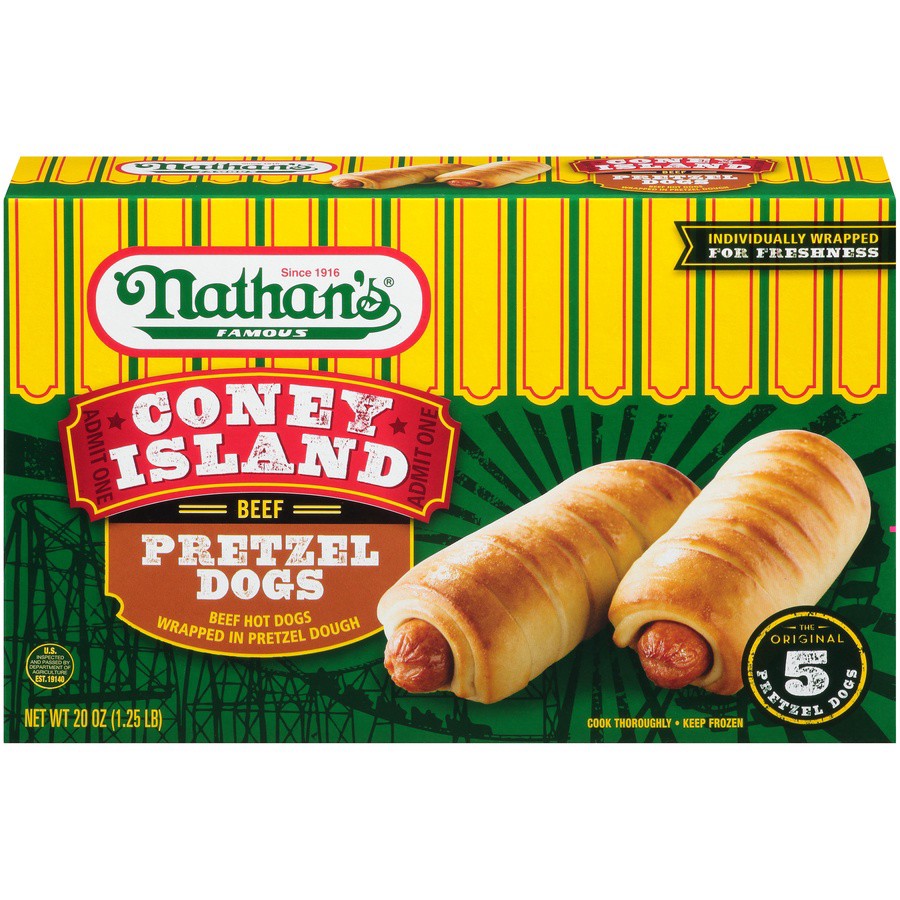 slide 1 of 8, Nathan's Famous Coney Island Beef Pretzel Hot Dogs, 20 oz
