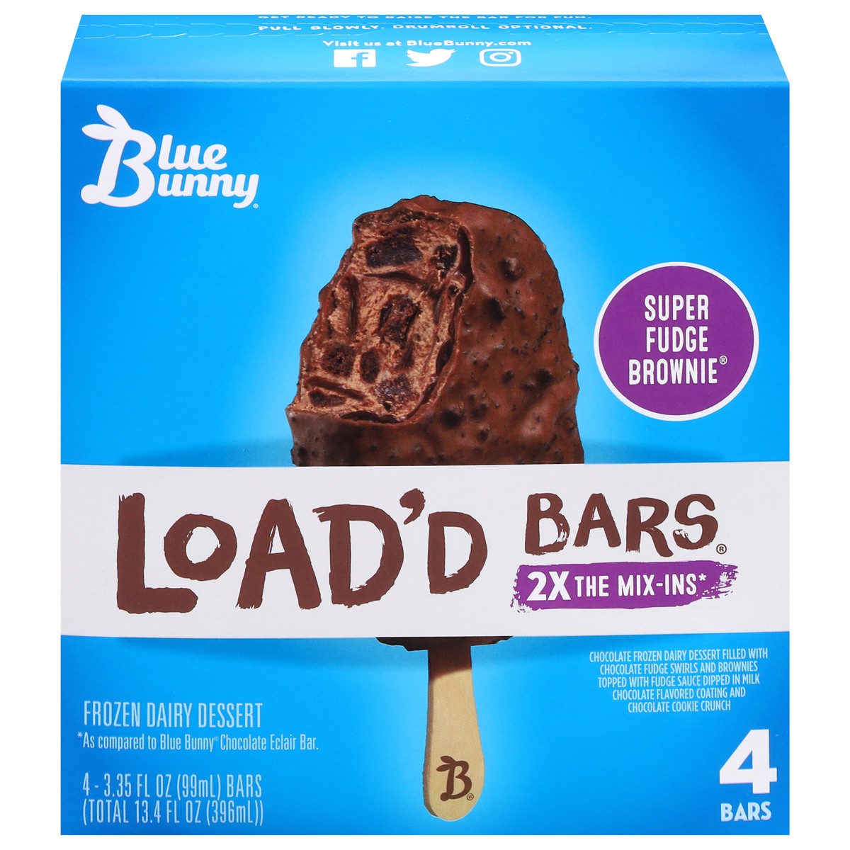 slide 1 of 5, Blue Bunny Load'd Bars Super Fudge Brownie, Frozen Dessert, 4 Pack, 4 ct  3.35 fl oz