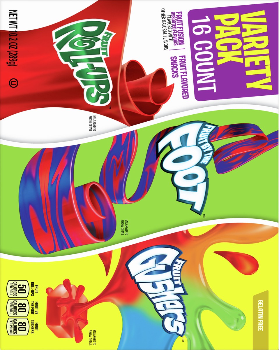slide 4 of 9, General Mills Fruit Roll-Ups, Fruit by the Foot, Gushers, Fruit Flavored Snacks Variety Pack, Gluten Free, 16 Ct, 10.2 oz, 16 ct