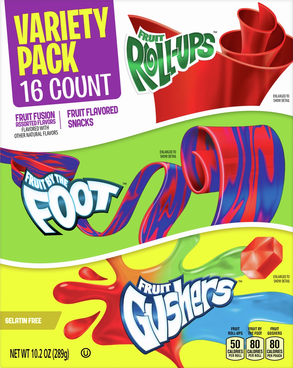 slide 7 of 9, General Mills Fruit Roll-Ups, Fruit by the Foot, Gushers, Fruit Flavored Snacks Variety Pack, Gluten Free, 16 Ct, 10.2 oz, 16 ct