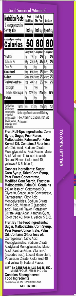 slide 5 of 9, General Mills Fruit Roll-Ups, Fruit by the Foot, Gushers, Fruit Flavored Snacks Variety Pack, Gluten Free, 16 Ct, 10.2 oz, 16 ct