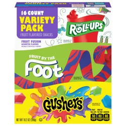 General Mills Fruit Roll-Ups, Fruit by the Foot, Gushers, Fruit Flavored Snacks Variety Pack, Gluten Free, 16 Ct, 10.2 oz