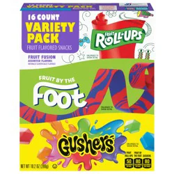General Mills Fruit Roll-Ups, Fruit by the Foot, Gushers, Fruit Flavored Snacks Variety Pack, Gluten Free, 16 Ct, 10.2 oz