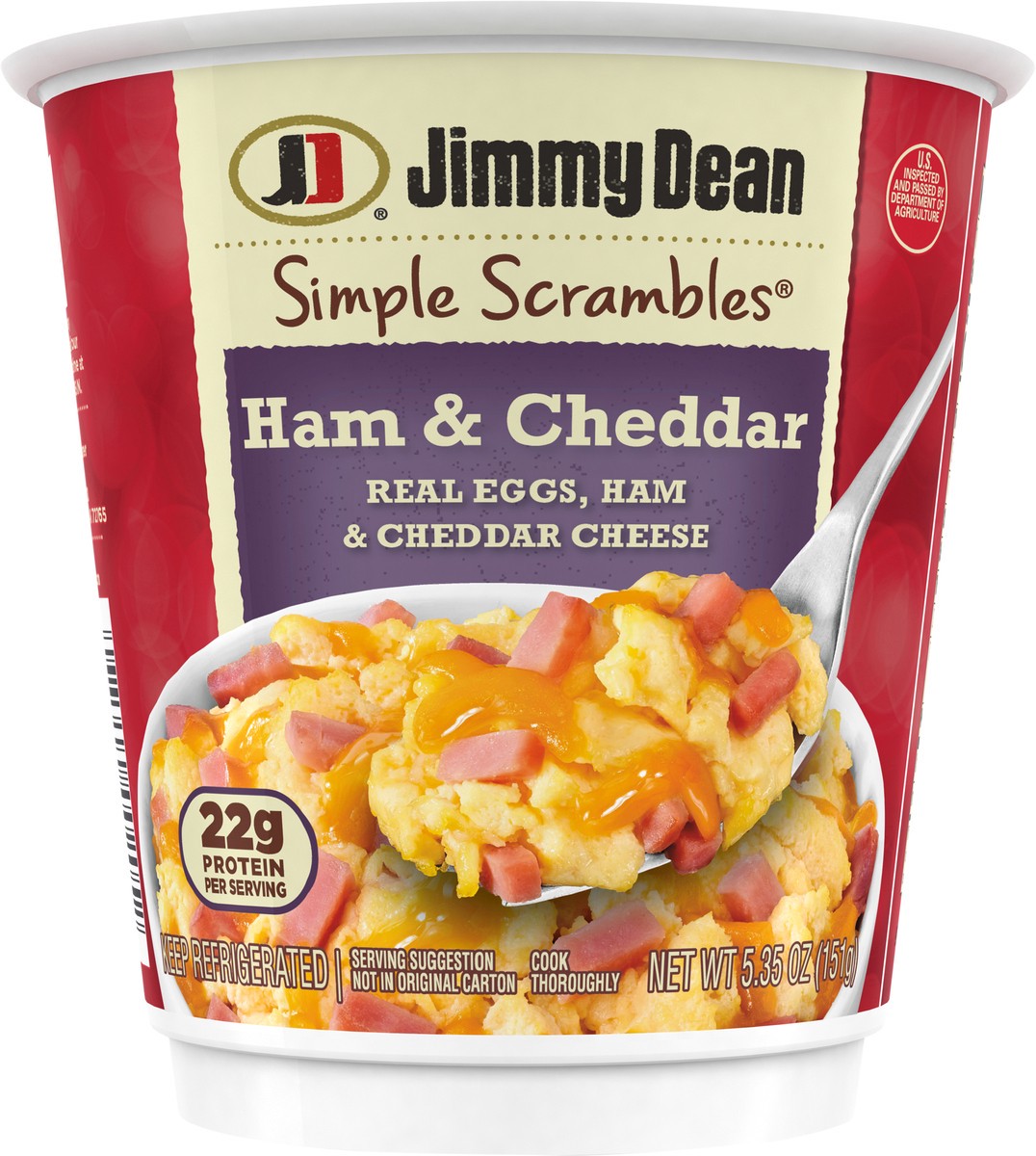 slide 8 of 12, Jimmy Dean Simple Scrambles Ham & Cheddar with Real Eggs, Ham and Cheddar Cheese, 5.35 oz Cup, 151.67 g