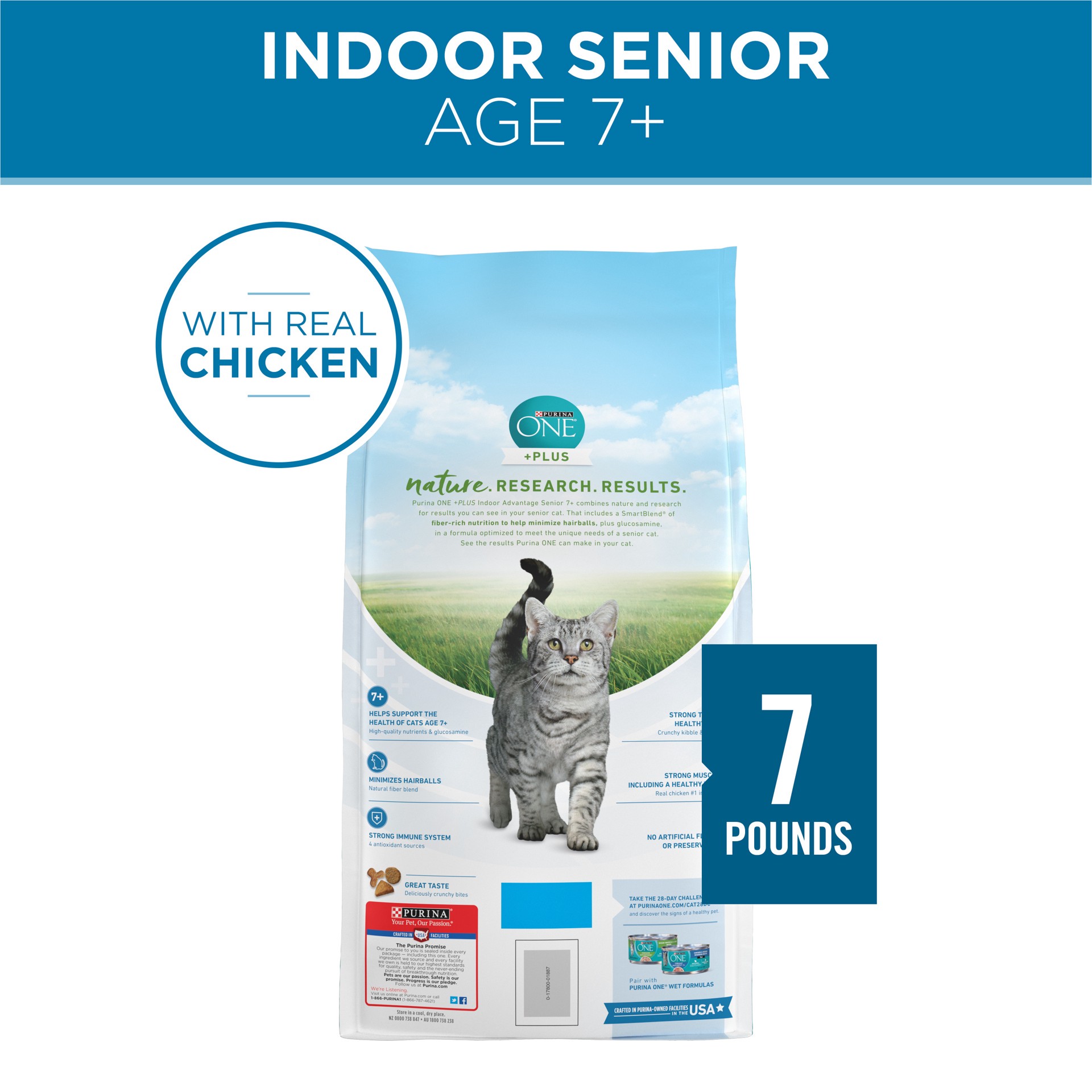 slide 5 of 9, ONE Purina ONE High Protein, Natural Senior Dry Cat Food, Indoor Advantage Senior+, 7 lb